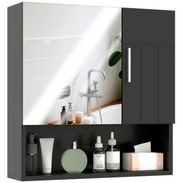 kleankin Dulap cu Oglindă pentru Baie 2 Uși și Raft Deschis 54x15.2x55.3 cm Negru | Aosom Romania