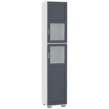 kleankin Dulap înalt de Baie Mobilier Coloană de Baie cu 2 Uși de Sticlă Temperată și Rafturi Ajustabile 37x35x190 cm Alb și Gri | Aosom Romania