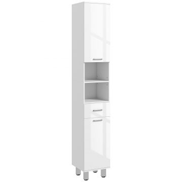 kleankin Mobilier pentru Baie cu 1 Sertar 3 Rafturi Ajustabile și 2 Dulapuri, 30x30x180 cm, Alb Lucios | Aosom Romania