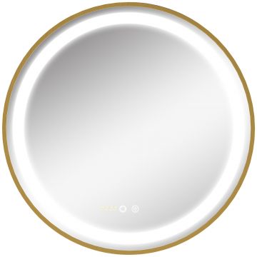 kleankin Oglindă de Baie Rotundă cu Lumină LED, Luminozitate Reglabilă și Întrerupătoare Touch, Ø60x4 cm, Auriu | Aosom Romania