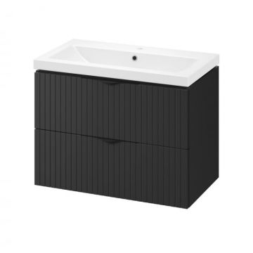 Set dulap baie negru mat, suspendat 2 sertare lavoar inclus, 80 cm, riflaje 3D, Tirso, Cersanit