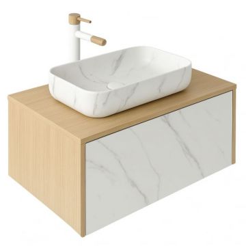 Set dulap baie suspendat placat cu ceramica CALACATTA 100 cm cu lavoar inclus Dione Foglia