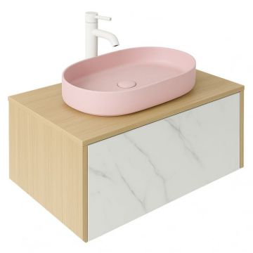 Set dulap baie suspendat placat cu ceramica CALACATTA 100 cm cu lavoar roz inclus Adelais Foglia