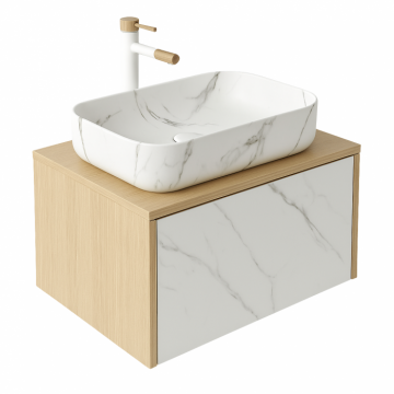 Set dulap baie suspendat placat cu ceramica CALACATTA 80 cm cu lavoar inclus Dione Foglia