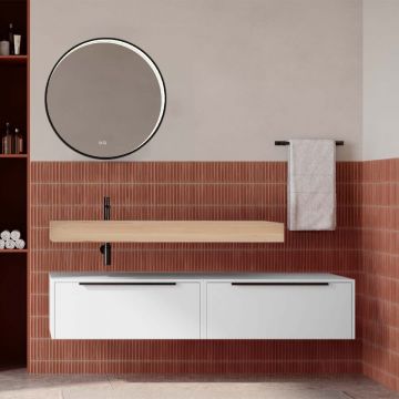 Set mobilier baie suspendat alb mat cu lavoar imitație lemn și oglindă, 160 cm, SaviniDue Iconica