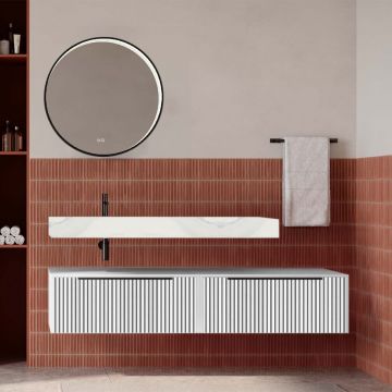 Set mobilier baie suspendat alb mat cu lavoar imitație marmura alba și oglindă, cu riflaje cannetatto, 160 cm, SaviniDue Iconica