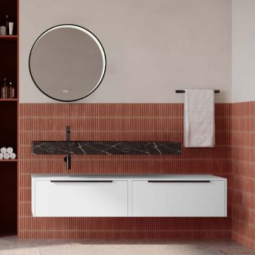 Set mobilier baie suspendat alb mat cu lavoar imitație marmura neagra și oglindă, 160 cm, SaviniDue Iconica