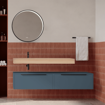 Set mobilier baie suspendat albastru mat cu lavoar imitație lemn și oglindă, 160 cm, SaviniDue Iconica