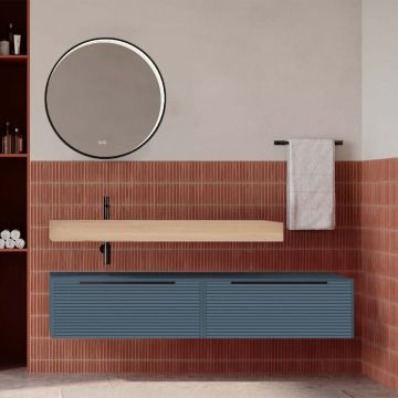 Set mobilier baie suspendat albastru mat cu lavoar imitație lemn și oglindă, cu riflaje Dogato, 160 cm, SaviniDue Iconica