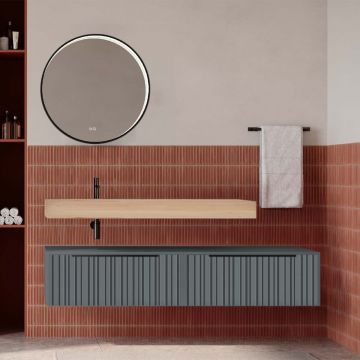Set mobilier baie suspendat albastru mat cu lavoar imitație lemn și oglindă, cu riflaje Plissetatto, 160 cm, SaviniDue Iconica