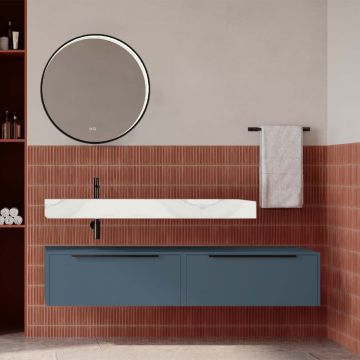 Set mobilier baie suspendat albastru mat cu lavoar imitație marmură alba și oglindă, 160 cm, SaviniDue Iconica