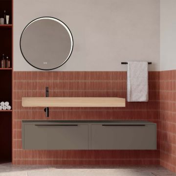 Set mobilier baie suspendat bej cenusiu mat cu lavoar imitație lemn și oglindă, 160 cm, SaviniDue Iconica