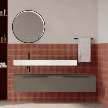 Set mobilier baie suspendat bej cenusiu mat cu lavoar imitație marmură alba și oglindă, 160 cm, SaviniDue Iconica