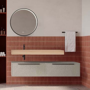 Set mobilier baie suspendat bej mat cu lavoar imitație lemn și oglindă, 160 cm, SaviniDue Iconica