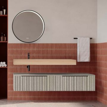 Set mobilier baie suspendat bej mat cu lavoar imitație lemn și oglindă, cu riflaje Plissetatto, 160 cm, SaviniDue Iconica