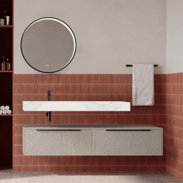 Set mobilier baie suspendat bej mat cu lavoar imitație marmură alba și oglindă, 160 cm, SaviniDue Iconica