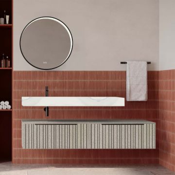 Set mobilier baie suspendat bej mat cu lavoar imitație marmura alba și oglindă, cu riflaje Plissetatto, 160 cm, SaviniDue Iconica
