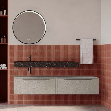 Set mobilier baie suspendat bej mat cu lavoar imitație marmura neagra și oglindă, 160 cm, SaviniDue Iconica
