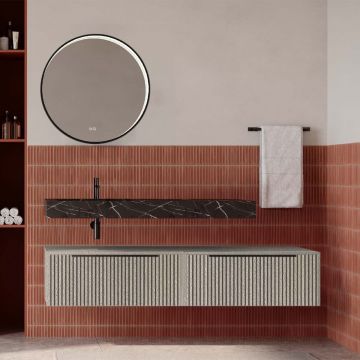 Set mobilier baie suspendat bej mat cu lavoar imitație marmura neagra și oglindă, cu riflaje cannetatto, 160 cm, SaviniDue Iconica