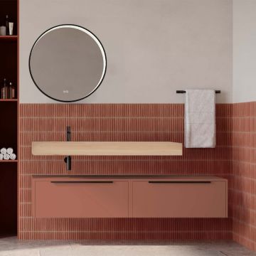 Set mobilier baie suspendat caramiziu mat cu lavoar imitație lemn și oglindă, 160 cm, SaviniDue Iconica