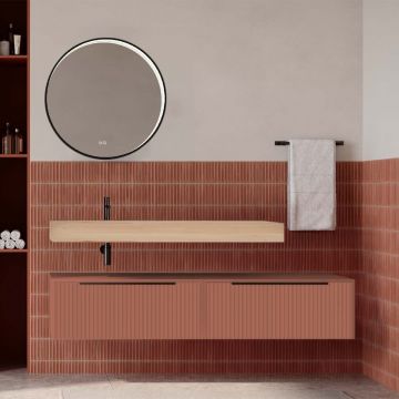 Set mobilier baie suspendat caramiziu mat cu lavoar imitație lemn și oglindă, cu riflaje cannetatto, 160 cm, SaviniDue Iconica