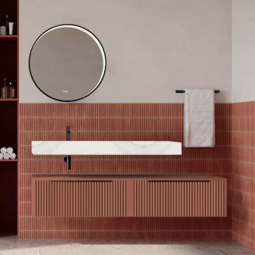 Set mobilier baie suspendat caramiziu mat cu lavoar imitație marmura alba și oglindă, cu riflaje cannetatto, 160 cm, SaviniDue Iconica