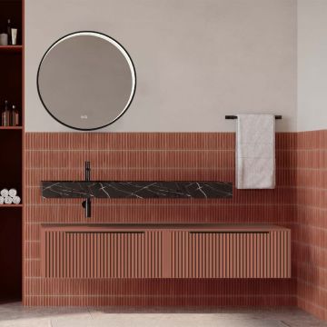Set mobilier baie suspendat caramiziu mat cu lavoar imitație marmura neagra și oglindă, cu riflaje cannetatto, 160 cm, SaviniDue Iconica