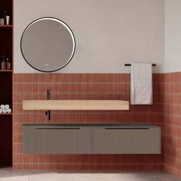 Set mobilier baie suspendat gri cenusiu mat cu lavoar imitație lemn și oglindă, cu riflaje cannetatto, 160 cm, SaviniDue Iconica