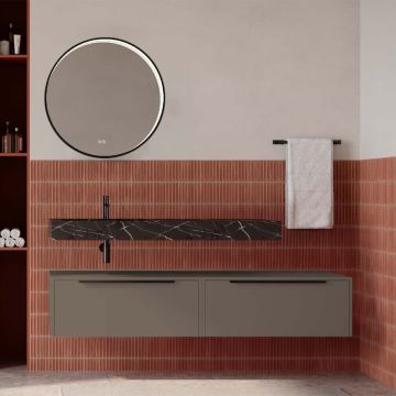 Set mobilier baie suspendat gri cenusiu mat cu lavoar imitație marmura neagra și oglindă, 160 cm, SaviniDue Iconica