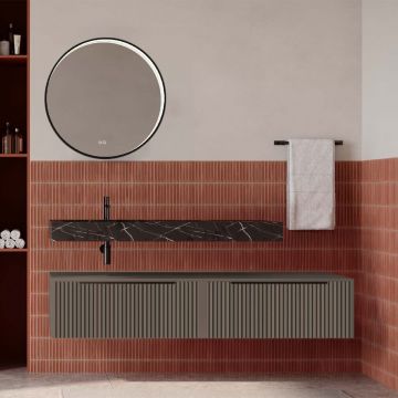 Set mobilier baie suspendat gri cenusiu mat cu lavoar imitație marmura neagra și oglindă, cu riflaje cannetatto, 160 cm, SaviniDue Iconica
