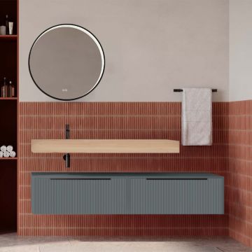 Set mobilier baie suspendat gri mat cu lavoar imitație lemn și oglindă, cu riflaje cannetatto, 160 cm, SaviniDue Iconica
