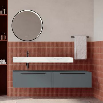 Set mobilier baie suspendat gri mat cu lavoar imitație marmură alba și oglindă, 160 cm, SaviniDue Iconica
