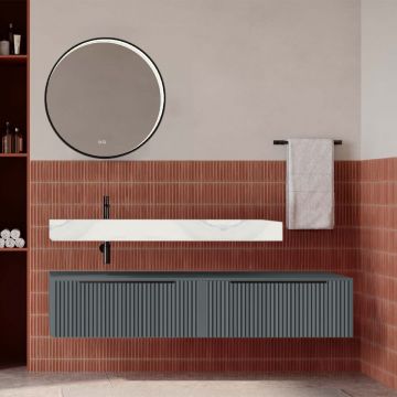 Set mobilier baie suspendat gri mat cu lavoar imitație marmura alba și oglindă, cu riflaje cannetatto, 160 cm, SaviniDue Iconica