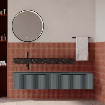 Set mobilier baie suspendat gri mat cu lavoar imitație marmura neagra și oglindă, cu riflaje cannetatto, 160 cm, SaviniDue Iconica