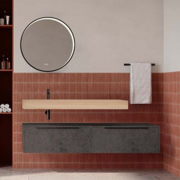 Set mobilier baie suspendat gri urban mat cu lavoar imitație lemn și oglindă, 160 cm, SaviniDue Iconica