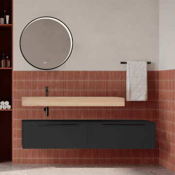 Set mobilier baie suspendat negru mat cu lavoar imitație lemn și oglindă, 160 cm, SaviniDue Iconica