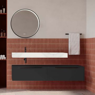 Set mobilier baie suspendat negru mat cu lavoar imitație marmură alba și oglindă, 160 cm, SaviniDue Iconica