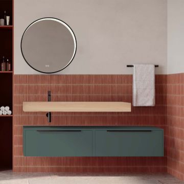 Set mobilier baie suspendat verde italia mat cu lavoar imitație lemn și oglindă, 160 cm, SaviniDue Iconica