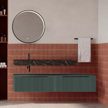 Set mobilier baie suspendat verde italia mat cu lavoar imitație marmura neagra și oglindă, cu riflaje cannetatto, 160 cm, SaviniDue Iconica