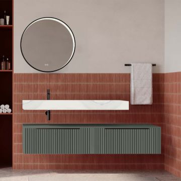 Set mobilier baie suspendat verde salvie mat cu lavoar imitație marmura alba și oglindă, cu riflaje cannetatto, 160 cm, SaviniDue Iconica