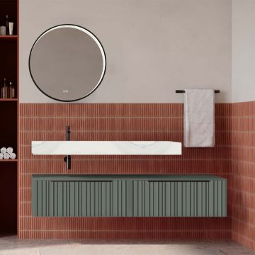 Set mobilier baie suspendat verde salvie mat cu lavoar imitație marmura alba și oglindă, cu riflaje Plissetatto, 160 cm, SaviniDue Iconica