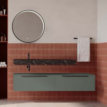 Set mobilier baie suspendat verde salvie mat cu lavoar imitație marmura neagra și oglindă, 160 cm, SaviniDue Iconica