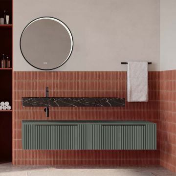 Set mobilier baie suspendat verde salvie mat cu lavoar imitație marmura neagra și oglindă, cu riflaje cannetatto, 160 cm, SaviniDue Iconica