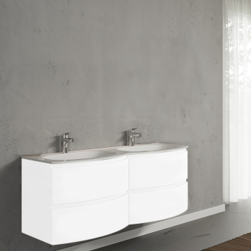 Set mobilier de baie suspendat, cu lavoar dublu incastrat, 140 cm, alb, finisaj lucios , Armonia, SaviniDue