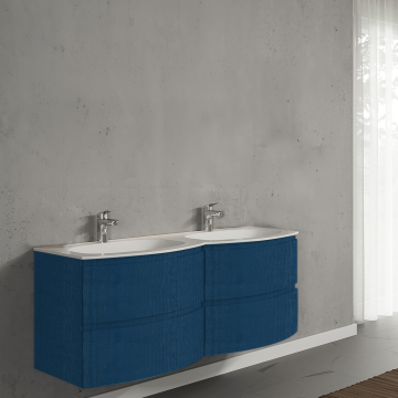 Set mobilier de baie suspendat, cu lavoar dublu incastrat, 140 cm, albastru, finisaj mat, Armonia, SaviniDue
