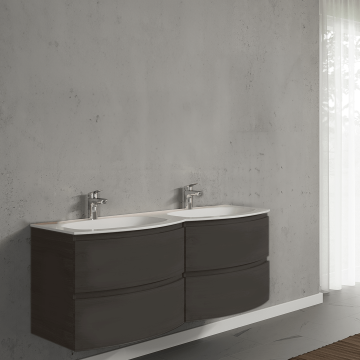 Set mobilier de baie suspendat, cu lavoar dublu incastrat, 140 cm, gri inchis, finisaj mat , Armonia, SaviniDue