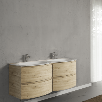 Set mobilier de baie suspendat, cu lavoar dublu incastrat, 140 cm, imitatie lemn natural, finisaj mat, Armonia, SaviniDue
