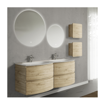 Set mobilier de baie suspendat, cu lavoar dublu incastrat, 2 oglinzi si 2 corpuri suspendate, 140 cm, imitatie lemn natur, finisaj mat, Armonia, SaviniDue