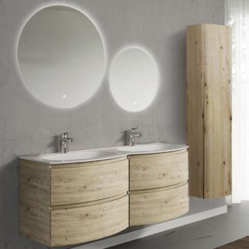 Set mobilier de baie suspendat, cu lavoar dublu incastrat, 2 oglinzi si coloana suspendata, 140 cm, imitatie lemn natur, finisaj mat, Armonia, SaviniDue