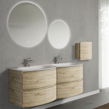 Set mobilier de baie suspendat, cu lavoar dublu incastrat, 2 oglinzi si corp suspendat, 140 cm, imitatie lemn natur, finisaj mat, Armonia, SaviniDue